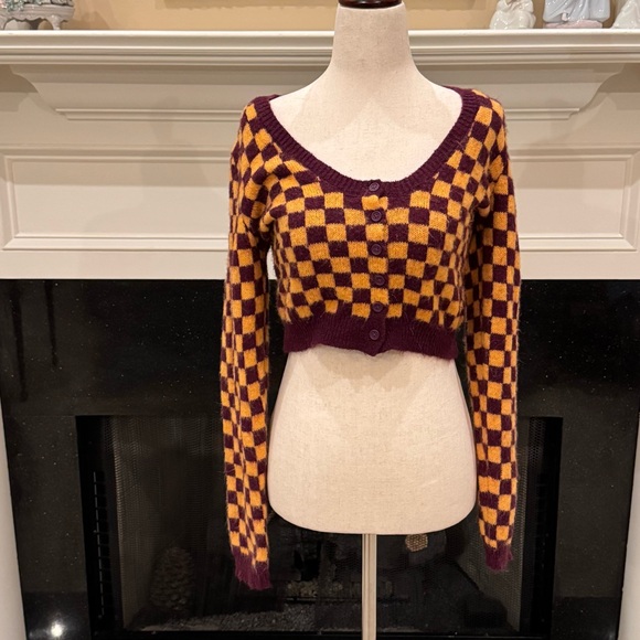 Zara Checkerboard Cropped Cardigan | Size Small | Maroon & Mustard - Picture 3 of 13